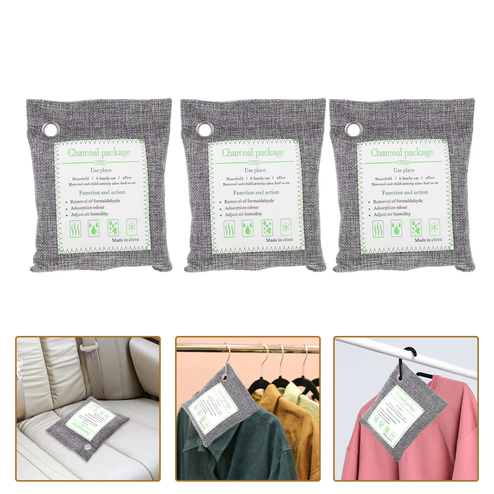 

3 Pcs Charcoal Bag Sustainable with Hanging Hole Bamboo Car Odor Absorber Linen Bags