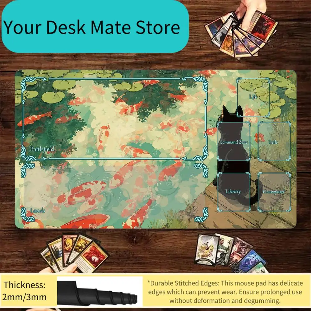 Tapete de juego Magic Card Playmat con diseño de gato negro estilo caricatura y koi, tapete de juego MTG, tapetes de juego para juegos de mesa, tapete de escritorio, tapete de juego Commander Battle