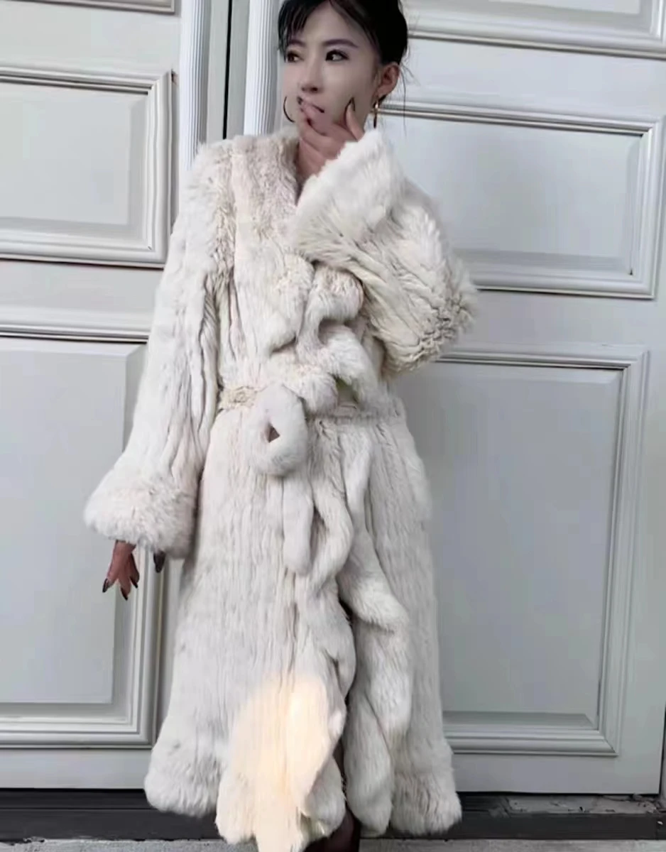 Hot-selling new autumn and winter double-sided braided rabbit fur ruffled long waisted lace-up fur coat for women