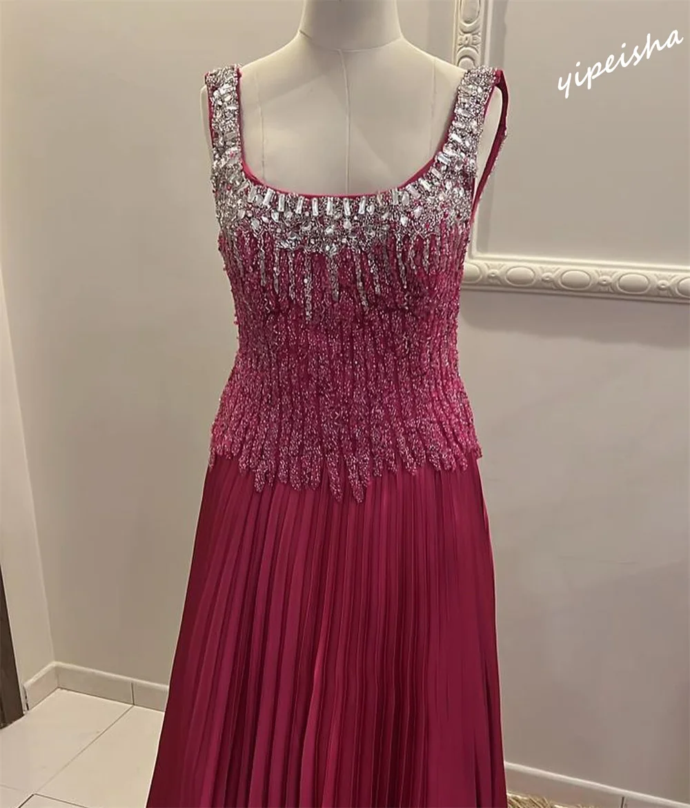 Yipeisha Sparkle Square A-line Floor Length Dresses Draped Rhinestone Satin Customized