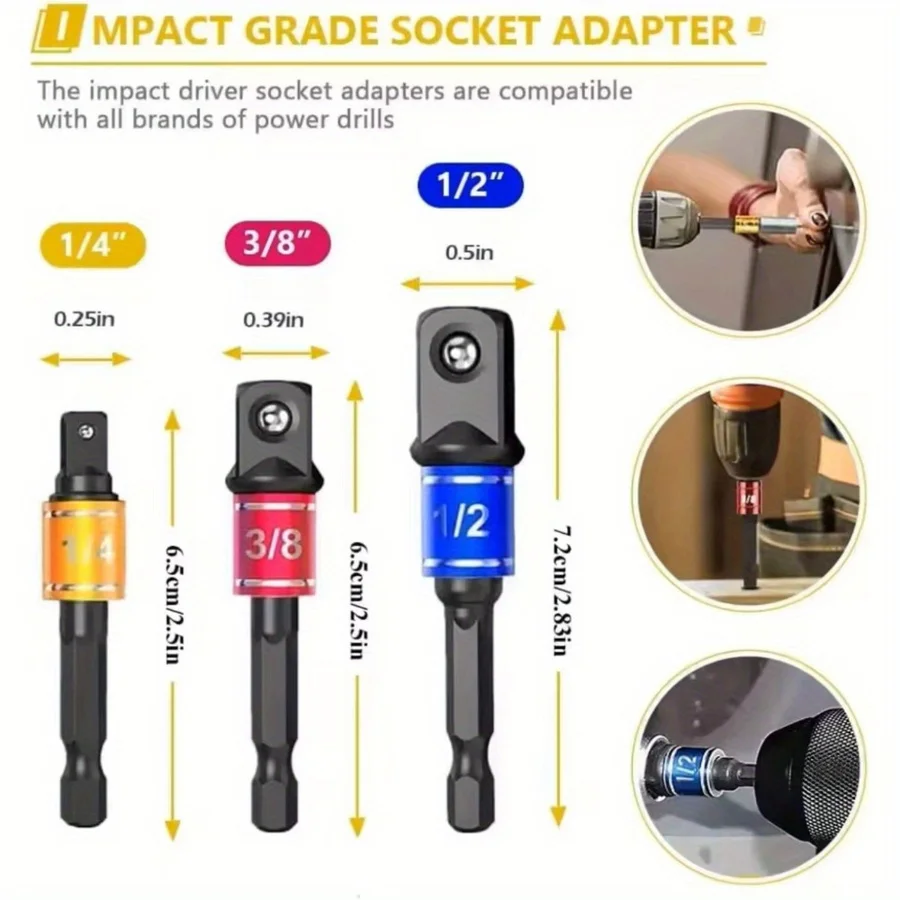 Impact Driver Socket Extension Adapter Extended Converter Power Drill Hex to High Speed Nut Male Square Wrench 1/4 3/8 1/2 view 5
