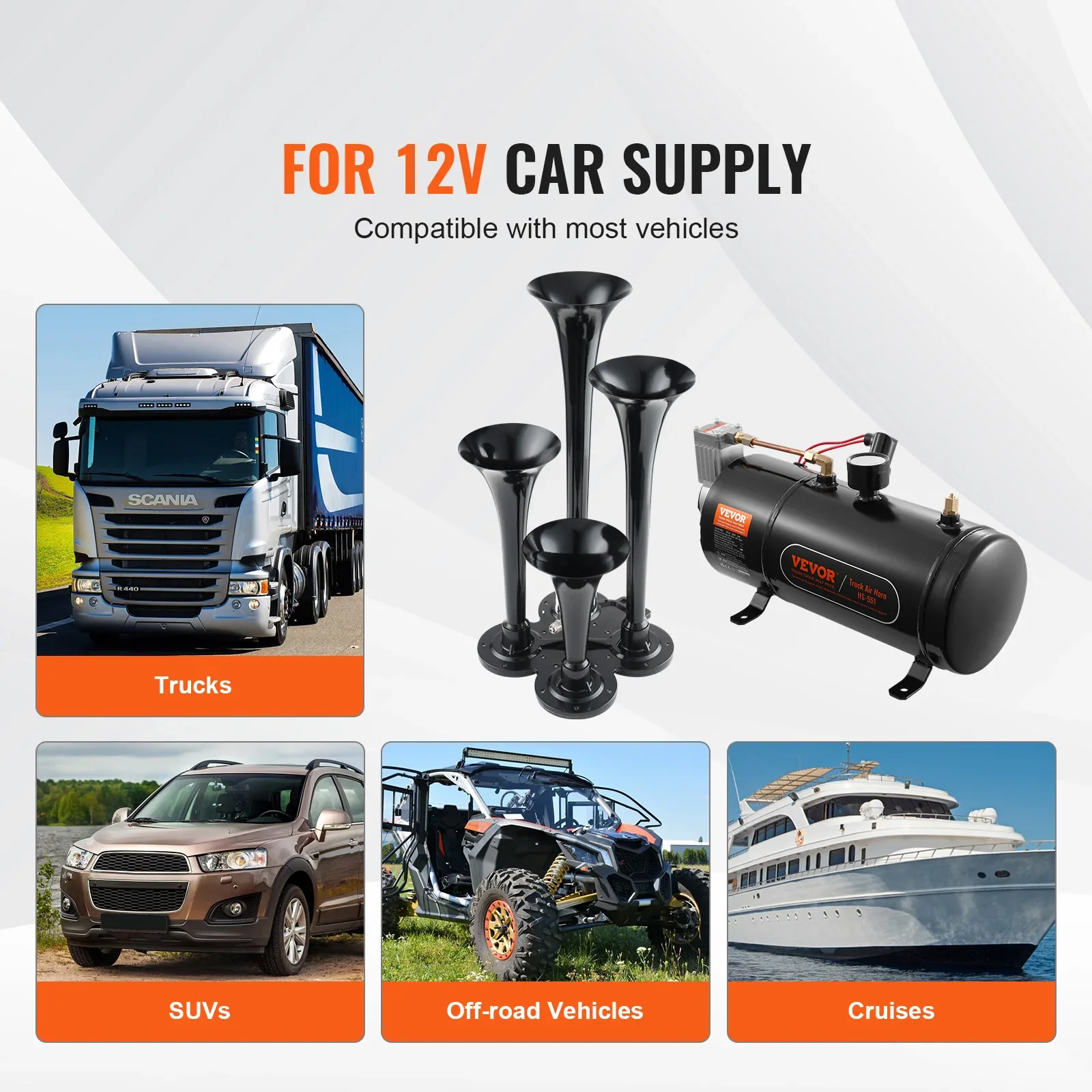 

4-Trumpet 150dB Modified Horn Kit-12V Heavy duty Air Horn with 120 PSI Compressor for Trucks/Sedan/Pick-up/Suv/Vans/Boats/ Train