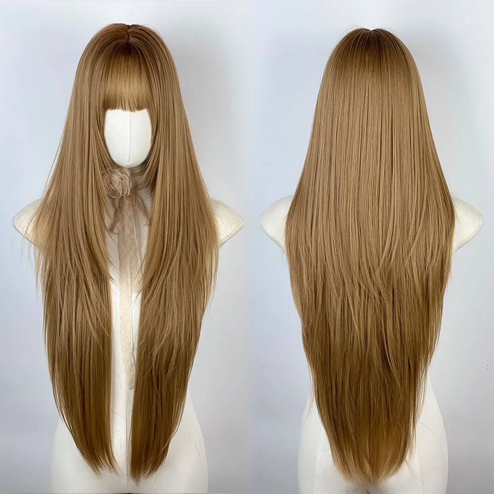 Daily Golden Brown High Level Long Straight Hair Asian Style Brown Qi Bangs Long Hair Natural Wig