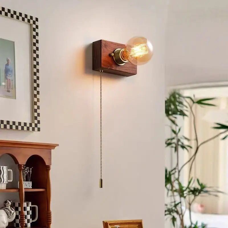 

Vintage Wall Lamp Loft Decor Walnut Edison Sconce Fixture With Pull Switch Bedroom Bedside Wall Lights Home Lighting Luminaria