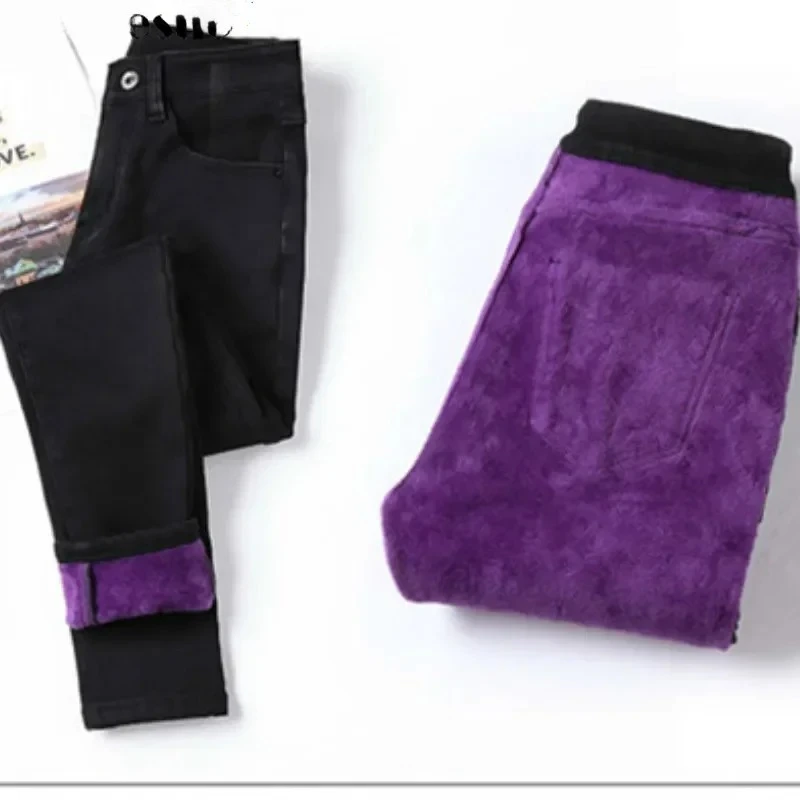 الشتاء الدافئة الجينز امرأة عالية الخصر عارضة المخملية السيدات السراويل الإناث Pantalon الجينز للنساء السراويل الملبس