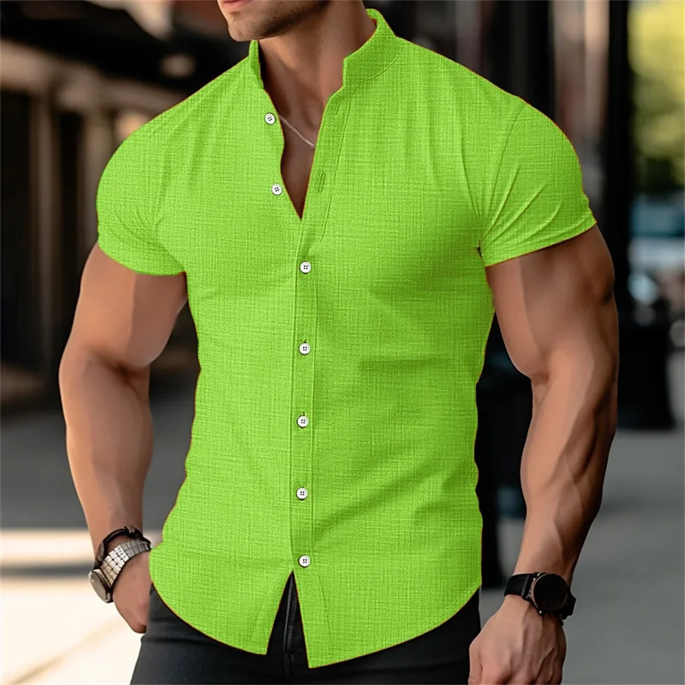 Camisa estampada con cuello levantado para hombre, camisa de lino con botones de manga corta de color sólido, camisa transpirable para vacaciones en la playa hawaianas