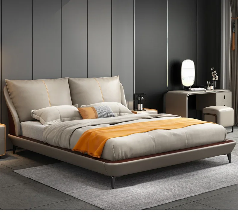 Double bed leather soft Modern design fashion king size/Queen size bedroom furniture high-end light luxury