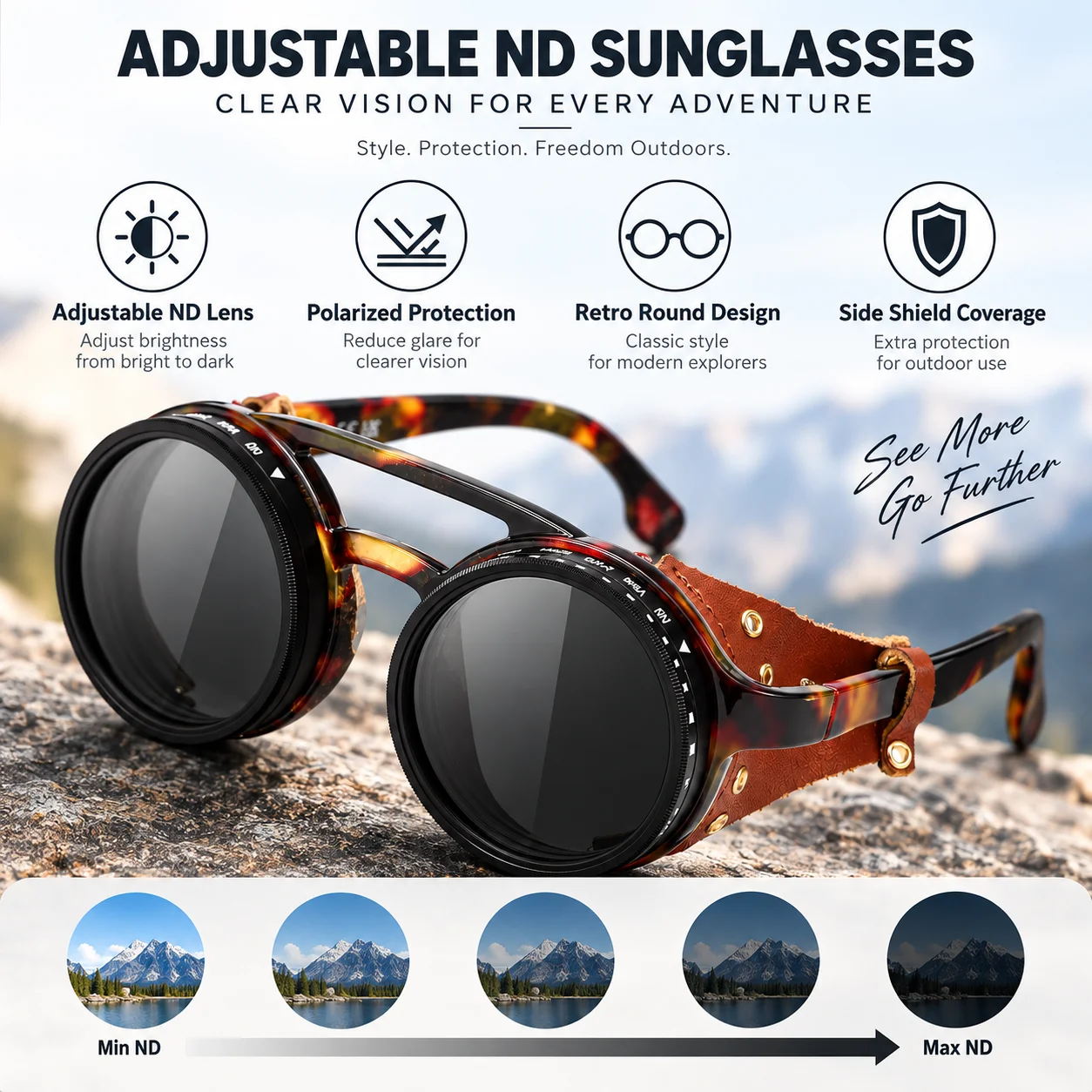 ND9 Adjustable Dimming Sun Glasses Rotating Retro Punk Round Men's Outdoor Fishing UV400 Polarized Driving Sunglasses
