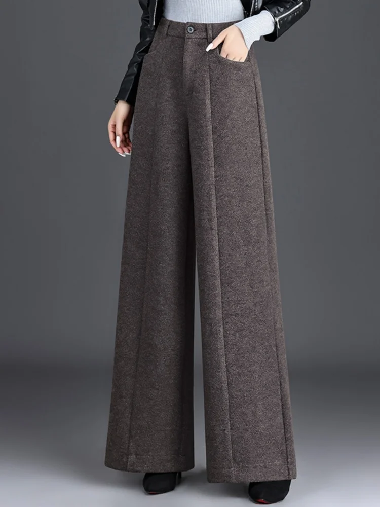 Verdikte wollen wijde pijpen broek dames hoge taille rechte broek casual grote voet lange broek woon-werkverkeer Sle pure kleur