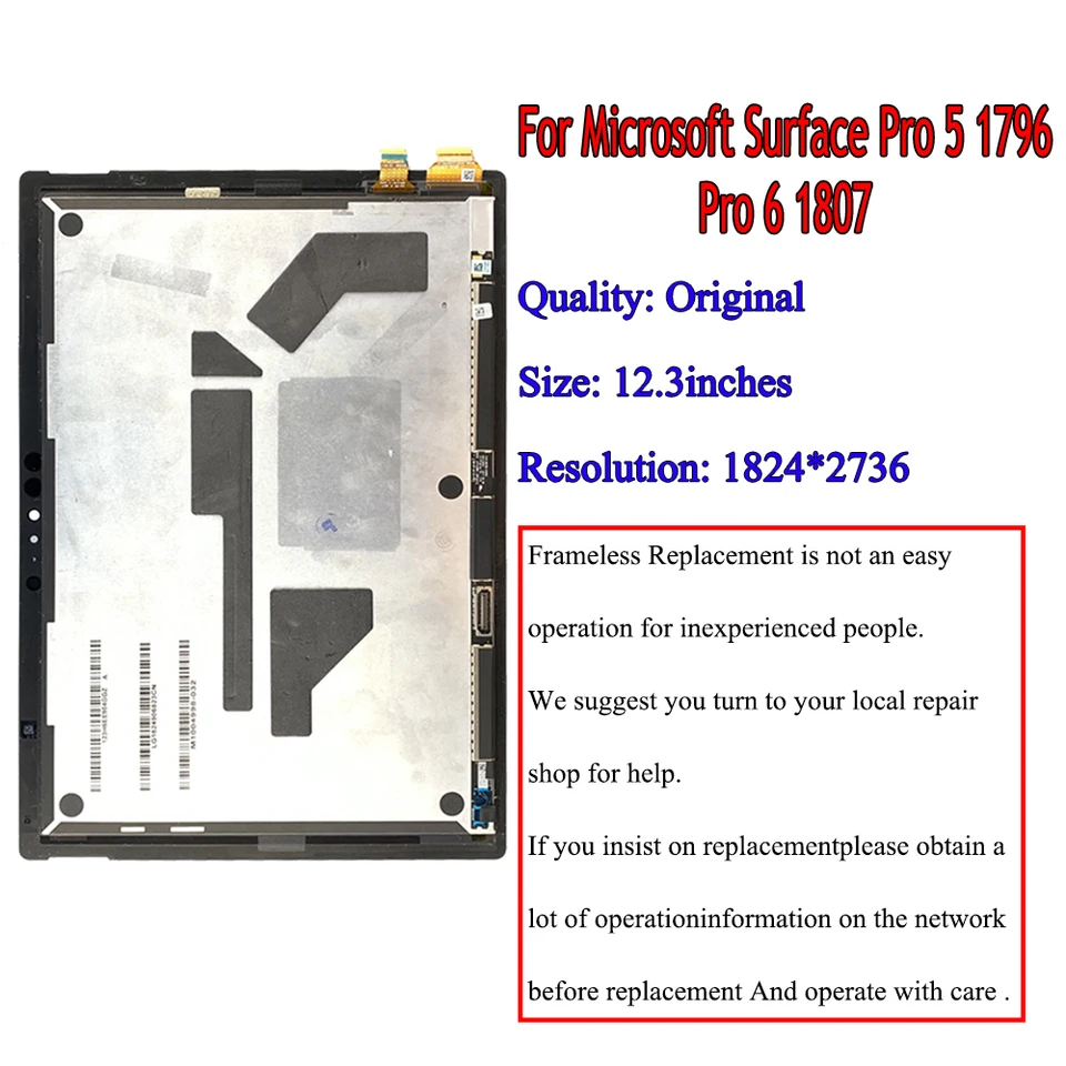 Schermo LCD Con Touch Per Microsoft Surface Pro 5 E Pro 6 (1796/1807/1809) – Kit Di Ricambio Con Strumenti, Nero, Test Prima Dell'installazione Consigliato