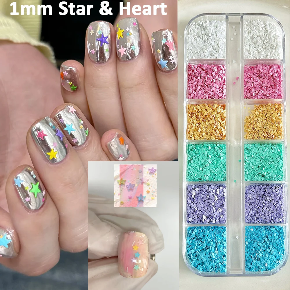 12 Grids Cute 1mm Star & Heart Nail Sequins - Macaron Color Confetti Glitter for Nail Art Decoration Mini Star Manicure Design
