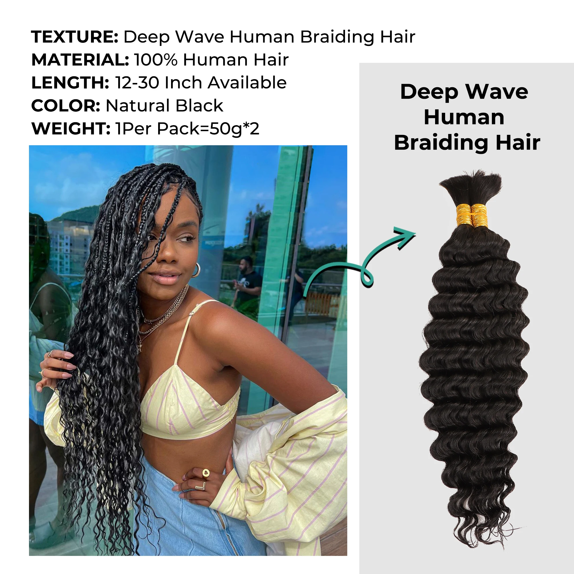 AHVAST 딥 웨이브 번들, 인모 벌크 헤어 익스텐션, 브레이드 천연 블랙 크로셰 브레이드, 100 g/pc