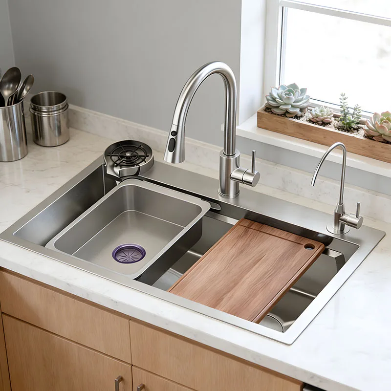 

Современный кухонный смеситель из нержавеющей стали 304 с выдвижным изливом, для большой одинарной мойки, с двойным треком, для мытья чашек, с функцией очистки воды