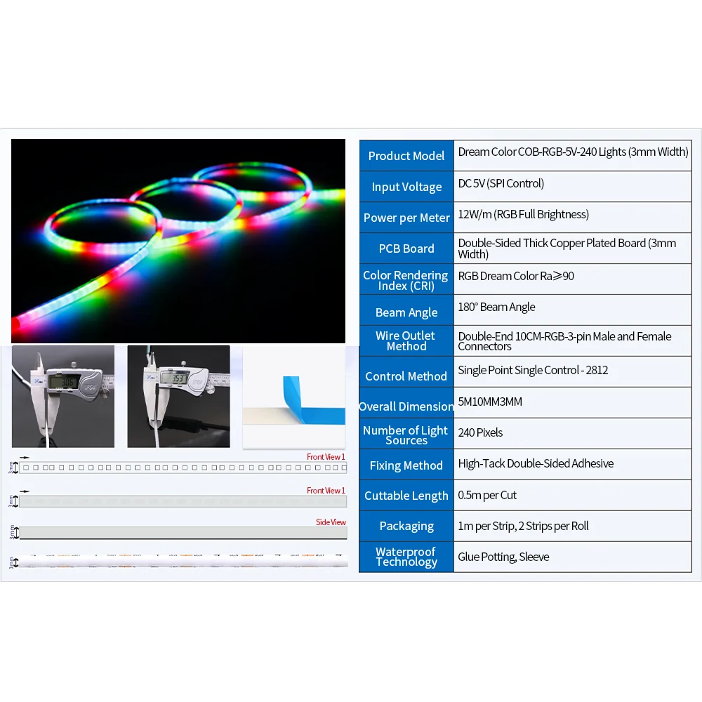 WS2812 COB 240D With USB 28Keys Bluetooth Smart RGB COB Strip Controller APP Control 720LEDs/m Sound-Activated Music Mode 5V LED