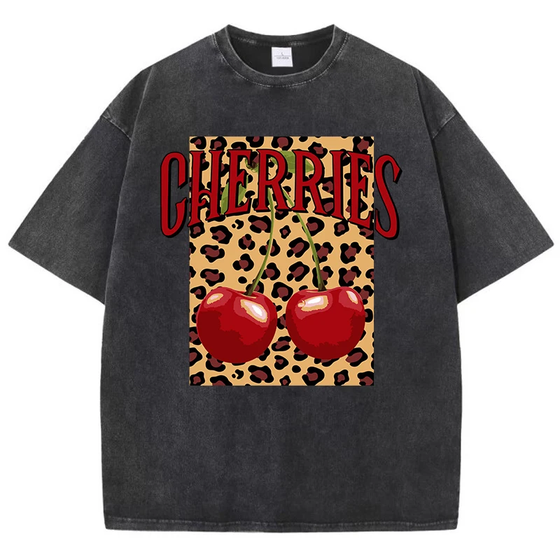 Casual Womans Acid Wash T-Shirts Fashion Leopard And Cherry Prints Tops Distressed Crewneck Oversize Cotton Tees Trend Clothes