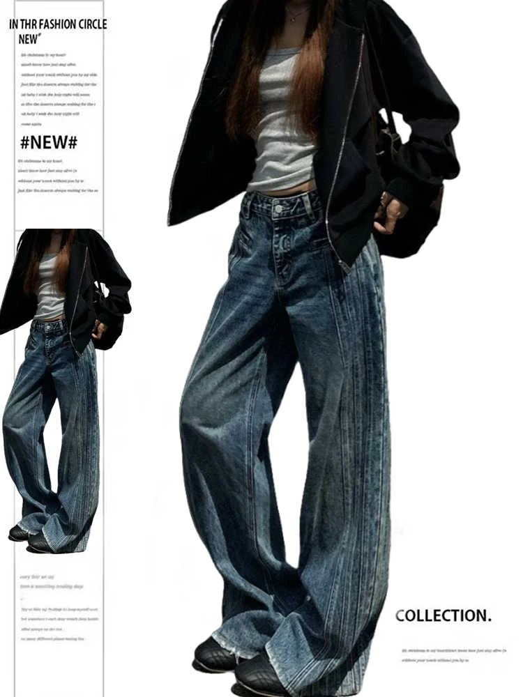 Women's Wide Fit Jeans Baggy Low Rise Denim Pants American Retro Y2K Japanese Harajuku Cowboy 2000s Tide Grunge High Street New