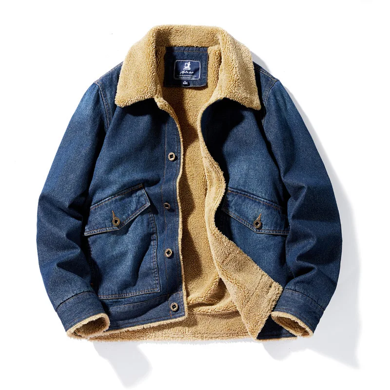 

Men's Winter New Denim Jacket Parkas Men's Plus Velvet Thickened Denim Cotton Jacket Loose Large Trendy Fur Collar Work Jacket