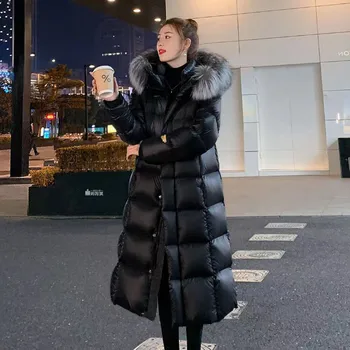 Casaco longo para baixo para mulheres sobre o joelho engrossado gola alta jaqueta de lã de inverno com capuz quente grosso parkas feminino acolchoado