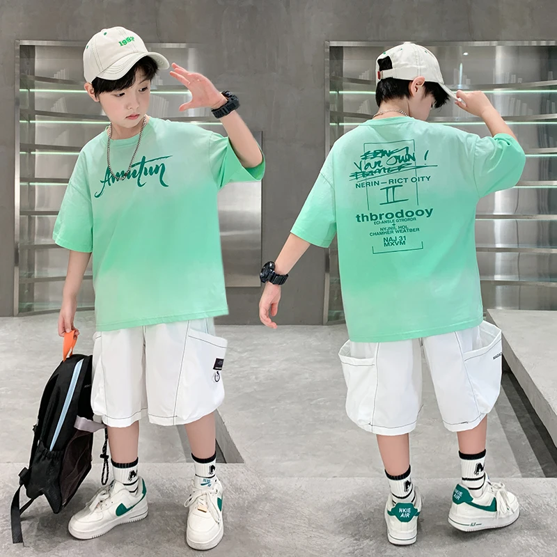 

Children Summer Tracksuit Green T-shirt And Shorts Two Pieces Clothing Set for Tweens Boy Casual Outfit Costume Kids Cotton Wear