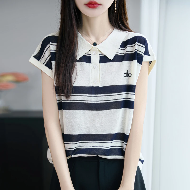 

Classics Stripe style POLO Neck Pullover Women knitting Tencel Flax Blend Sweater Short Sleeve High Quality Embroidery Loose Top