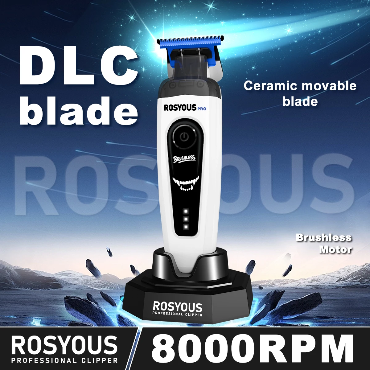 

Профессиональная машинка для стрижки волос ROSYOUS RSpro-202 для мужчин с DLC T-образным лезвием, бесщеточным двигателем 8000 об/мин и зарядной базой