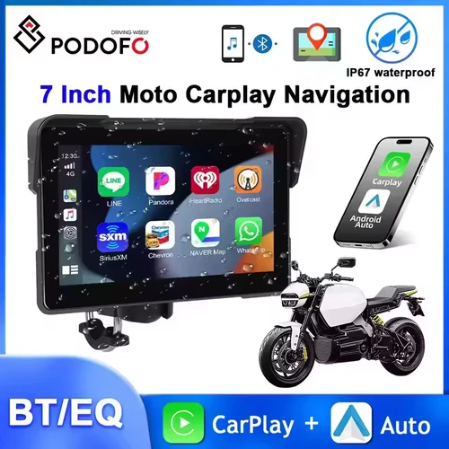 Podofo 7 ''motocicleta Carplay Android navegación automática GPS motocicleta DVR Bluetooth EQ IP67 impermeable Airplay Android Cast 12V