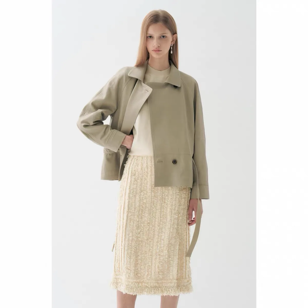 NingYao LAN26 Autumn Short Coat Jacket Leather Outerwear Belted Waist Stand Collar Versatile Commute Style Women's Fashion