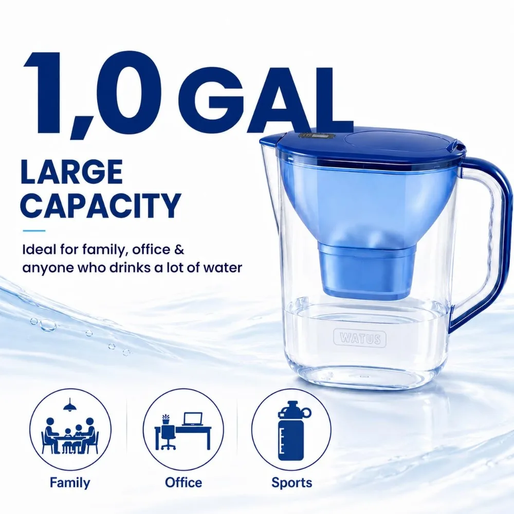 16-Cup Large Water Filter Pitcher with 1 Replacement Filter, BPA-Free Blue, Reduces Chlorine, Limescale, Lead & Copper, High Capacity