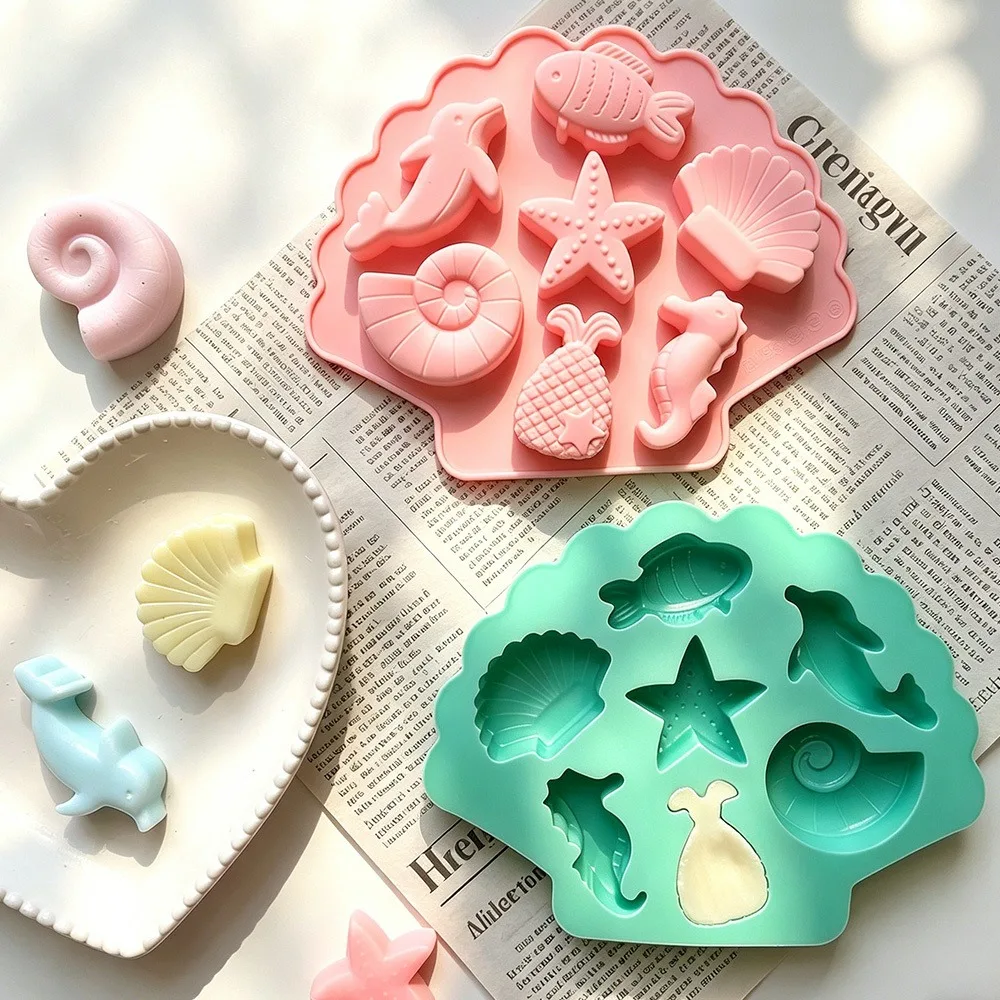 2er-Set Ozean-Silikonformen mit Pipette, 7-fach gegossen, für Muscheln, Seesterne, Seepferdchen, Meerjungfrauenflossen – DIY-Werkzeug für Kerzen, Seifen und Harz-Bastelarbeiten – Detail 1