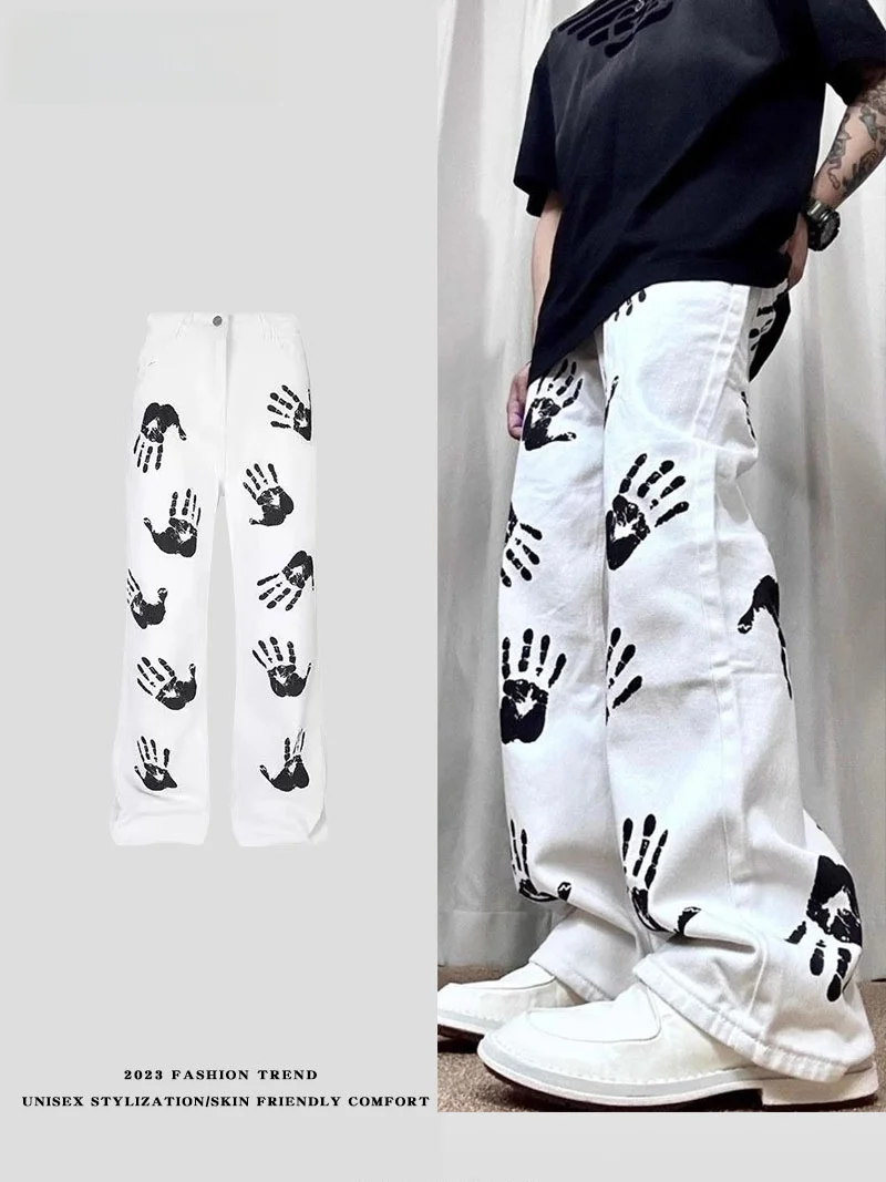 

LPLN American High Street Original Palm Print Long Straight Leg Jeans Men's Women's Hiphop Trendy Brand Wear Resistant Summer...