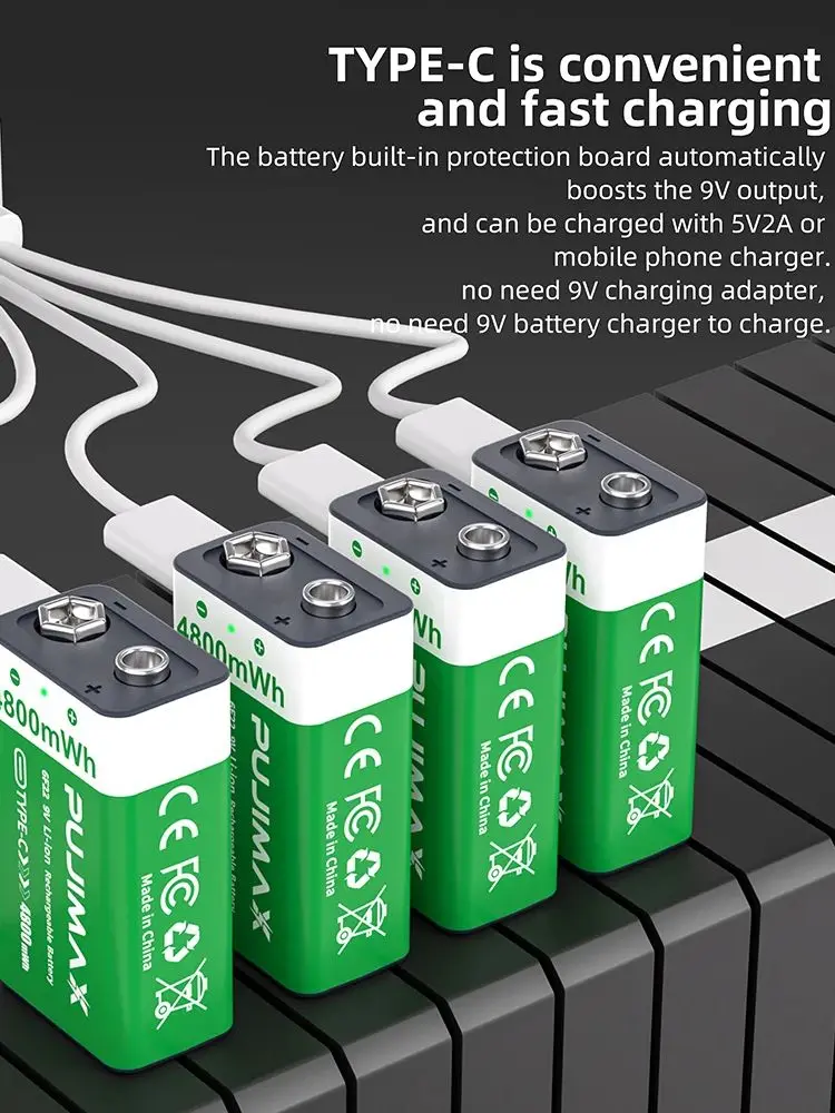 PUJIMAX USB 9V Oplaadbare Batterij 4800mWh Type-C Oplaadbare 6F22 9V Li-ion Batterij voor RC Helicopeter Model Multimeter Speelgoed - afbeelding 2