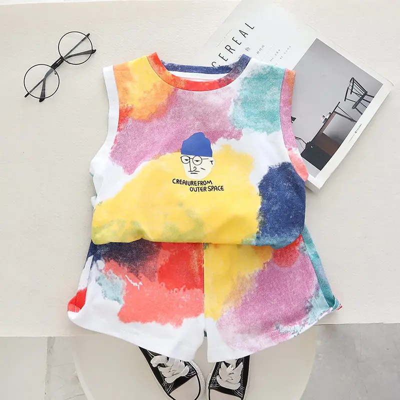 Summer Children Kid Boys Girls Cotton Clothes Full Printe Colorful Vest Shorts Toddler Clothing Baby Tracksuit Infant Casual Set