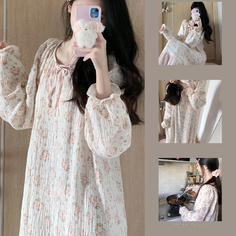 Floral Women Nightgown Korean Sleepwear Square Collar Nightwear Ruffle One Piece Pajamas Ruffles Autumn Sleeping Night Dress New