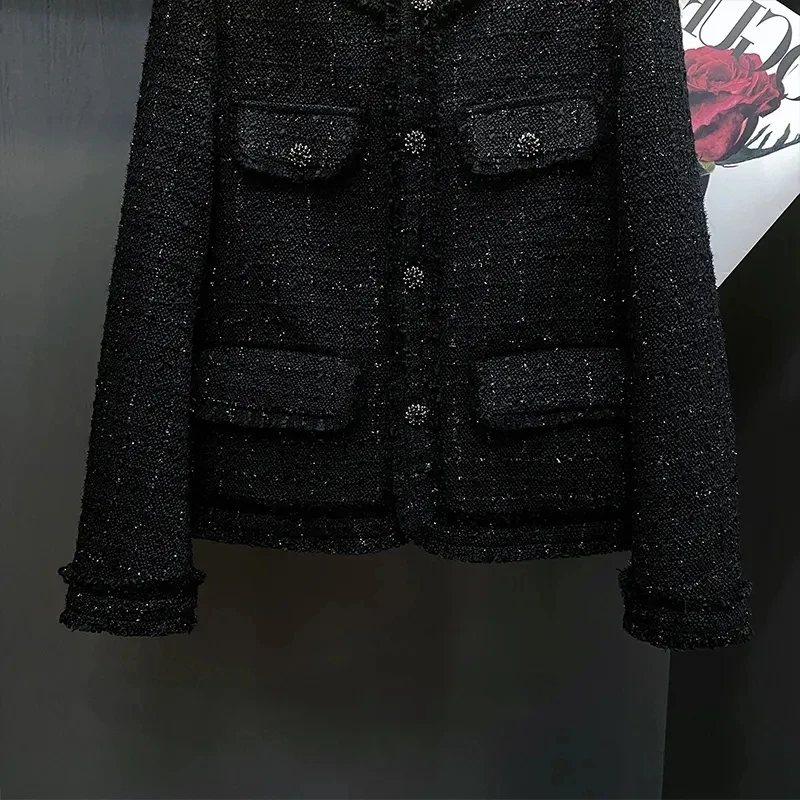 Black Small Fragrant Style Jacket For women 2026 Autumn Winter New French socialite High-end Coarse Floral Lady Short Top