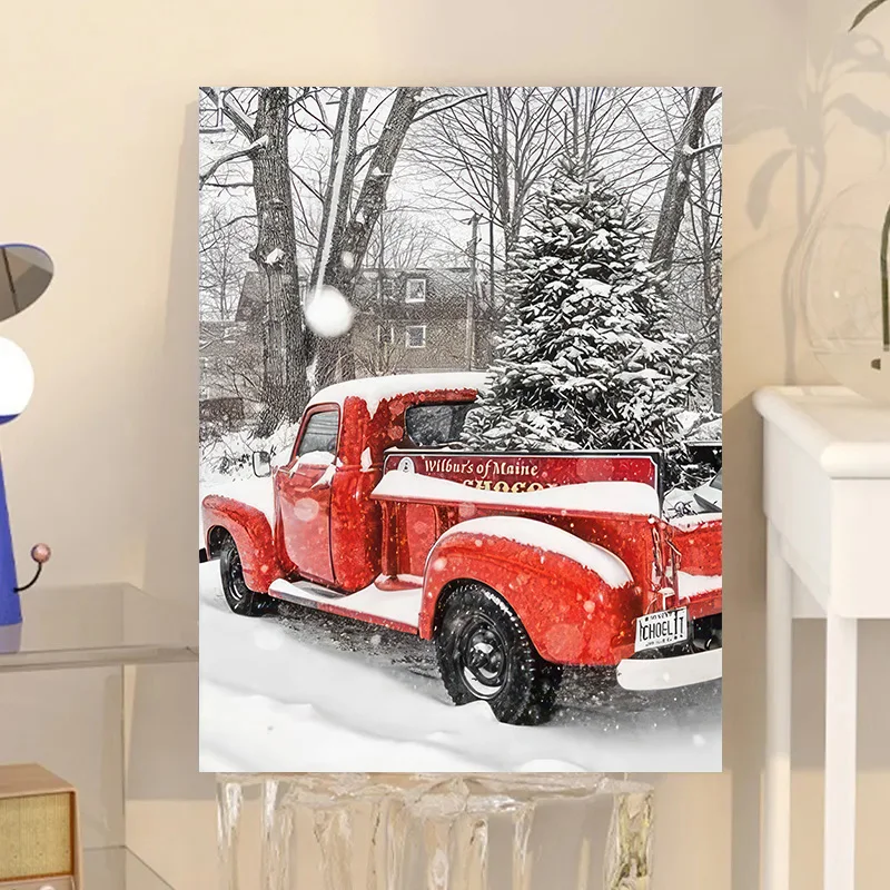 Framed Winter Christmas Tree Red Truck Canvas Painting Farmhouse Snow Scene Prints Posters Festival Living Room Wall Art Decor