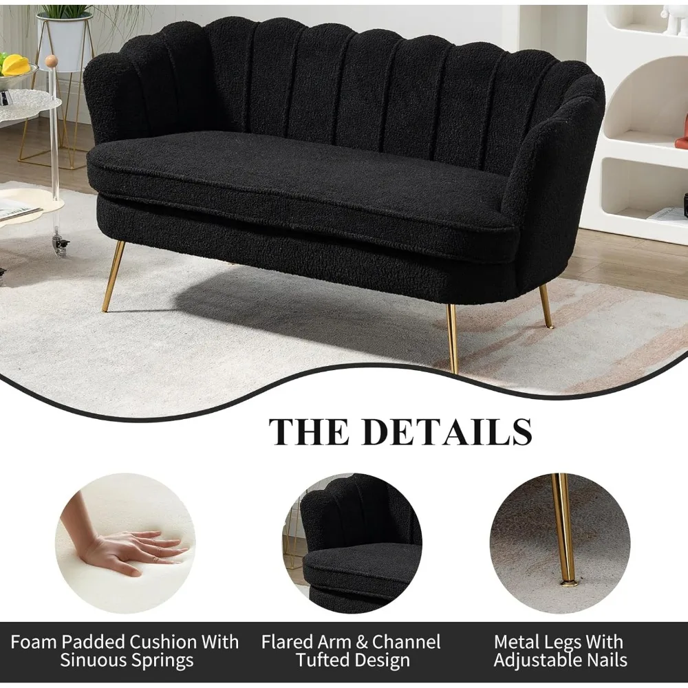 أريكة بمقعدين حديثة بتصميم بتلات، أريكة منجدة صغيرة بأرجل ذهبية، مثالية للترفيه والراحة في الغرف الصغيرة #5