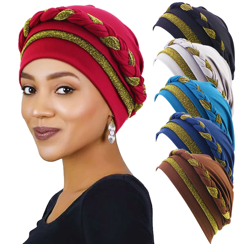 

New Women Sequins Solid Braids Twist Turban Muslim Hijab Chemo Cap Beanies India Bandana Cancer Headwear Head Wrap Hair Loss Hat