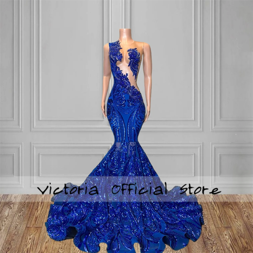 透明キングブルースパンコールレースマーメイドウエディングドレス、ノースリーブメッシュ、豪華なイブニングドレス、カスタマイズされた結婚披露宴、黒の女の子