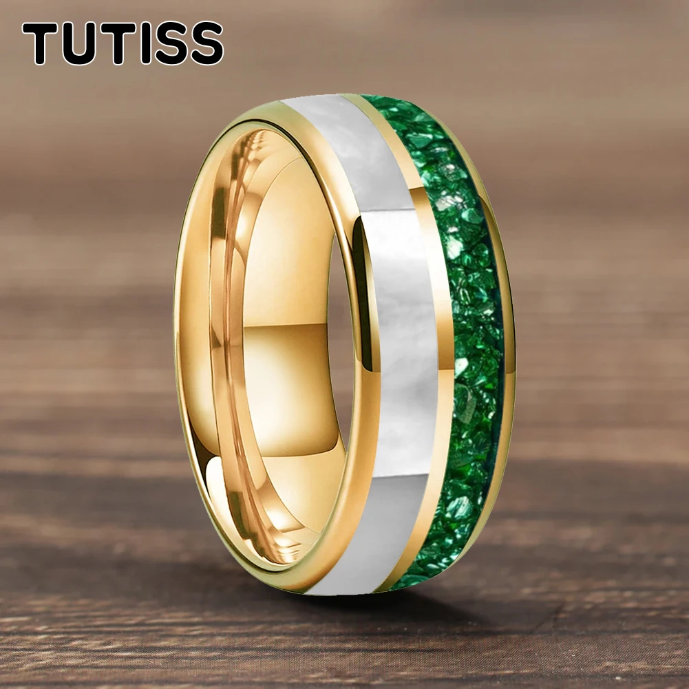 

TUTISS 6/8mm Tungsten ring Dome Double Groove Inlaid With Green Crystal Stone And Mother Of Pearl Shell For A Comfortable Fit