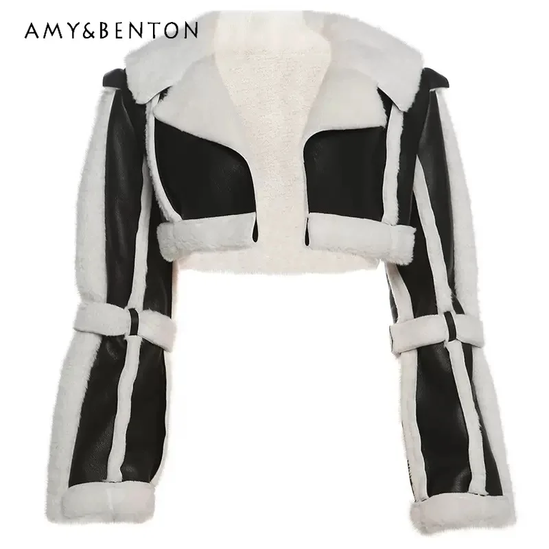 

Autumn Winter New Y2K Hot Girl Women's Coat Punk Design Imitation Lamb Wool PU Leather Large Lapel Locomotive Short Jacket Girl