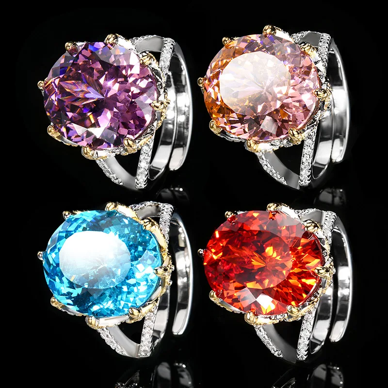 New White Gold Plated Rainbow Zircon Dried Rose Retro Egg Ring Main Stone 14*16mm Jewelry