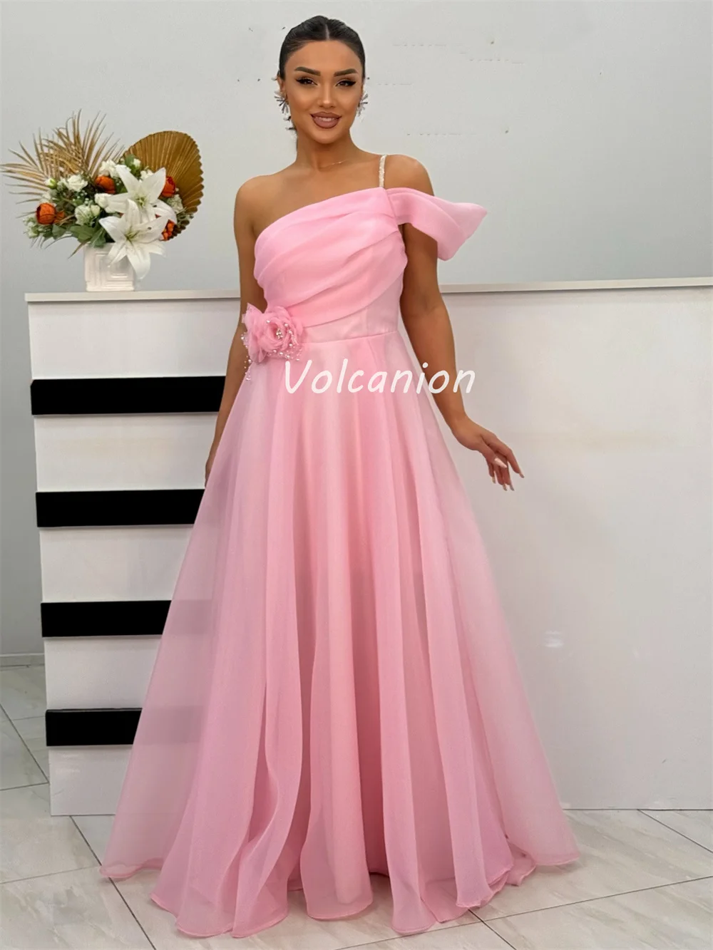 Customized Modern Style Sexy Organza Handmade Flower Rhinestone Ruched A-line One-shoulder Long Dresses Bespoke Occasion Dresses