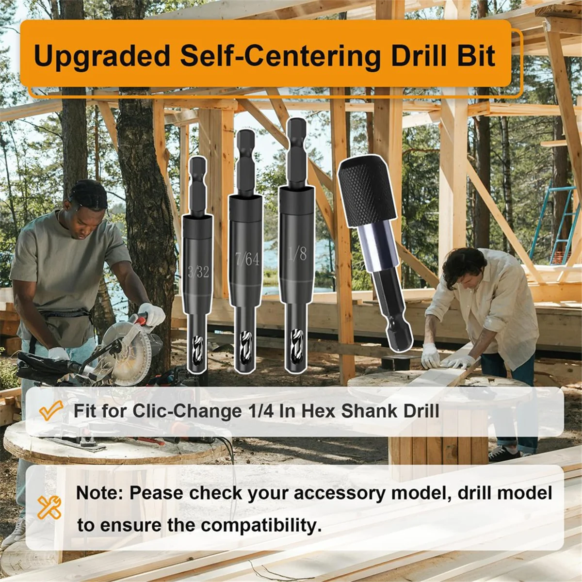 ビットホルダー付きセルフセンタリングドリルビット、センターファインディング、1/4インチビット六角シャンク、3インチ、32インチ、7/64インチ