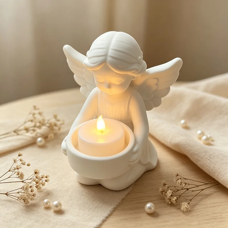 3D Printed White Kneeling Angel Candle Holder Desktop Organizer Set Suitable for Electronic Candles Angel Theme Home Decor