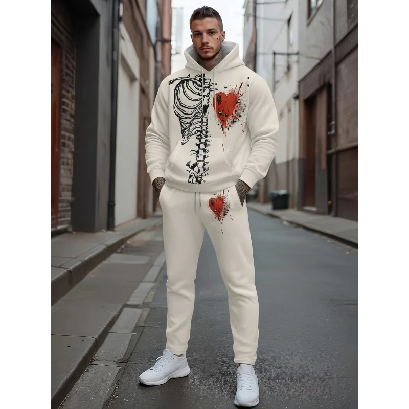 2025 الربيع والخريف مواسمين رياضية غير رسمية ثلاثية الأبعاد مطبوعة الرجال الكتف نمط هوديي السراويل العليا مزيج قطعتين مجموعة