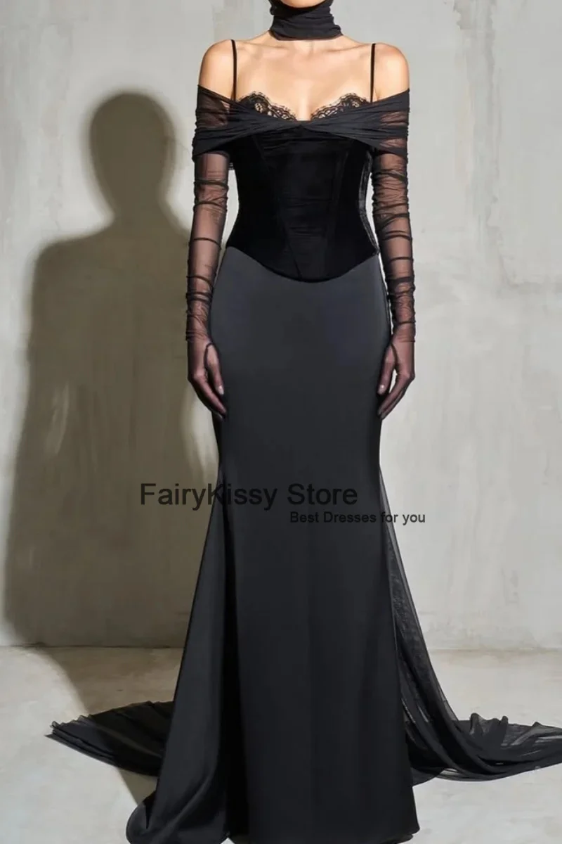 فساتين سهرة بأكمام طويلة من FairyKissy باللون الأسود من الدانتيل المخملي حورية البحر للحفلات الراقصة والمناسبات الرسمية فيستدوس دي فييستا