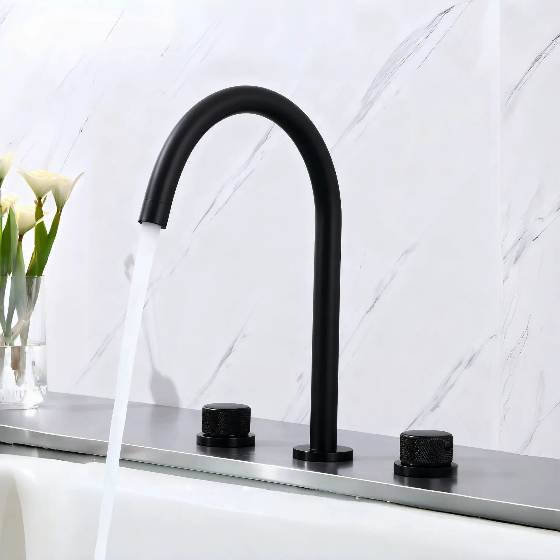Brushed gold three hole rotatable split type all copper washbasin faucet, bathroom dual handle hot and cold water faucet GN459HU