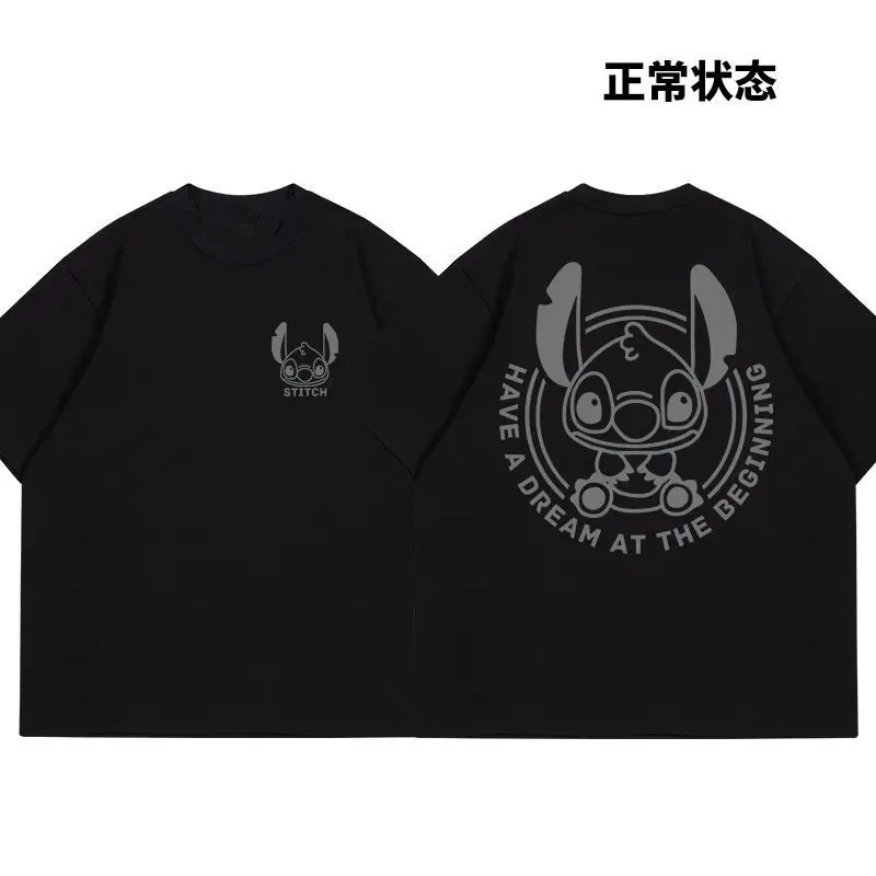 T-shirt con personalità Stitch carina riflettente laser dei cartoni animati Disney, giorni primaverili ed estivi, outfit da coppia, maniche corte larghe