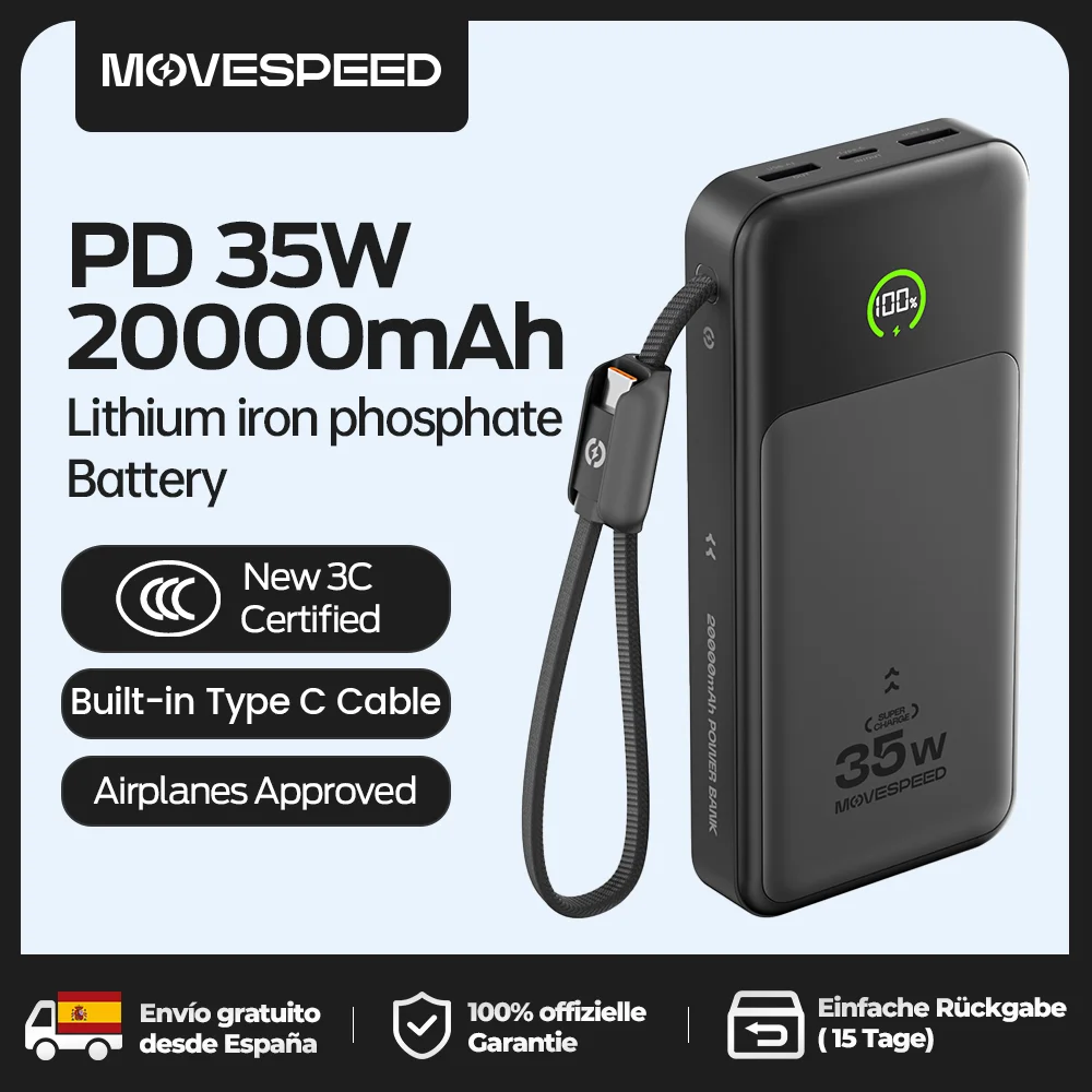 【CCC】MOVESPEED P20 Power Bank 20000mAh Cargador externo 35W PD Carga rápida Powerbank Batería LFP para iPhone Xiaomi Samsung