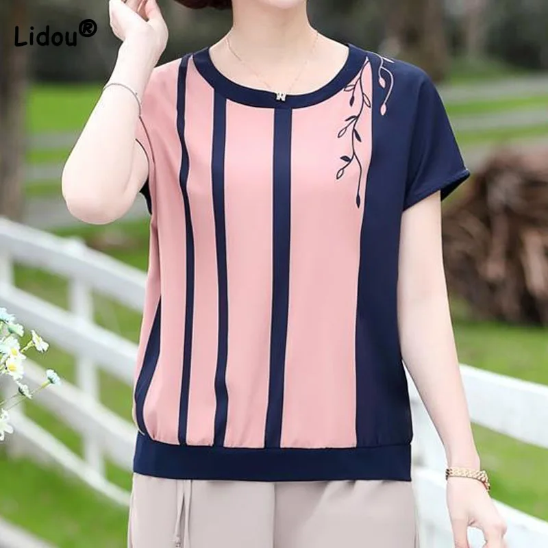 Female Casual Short Sleeve Striped Fashion Chiffon T-shirt Summer Commute All-match Round Neck Pullovers Tops Women's Clothing